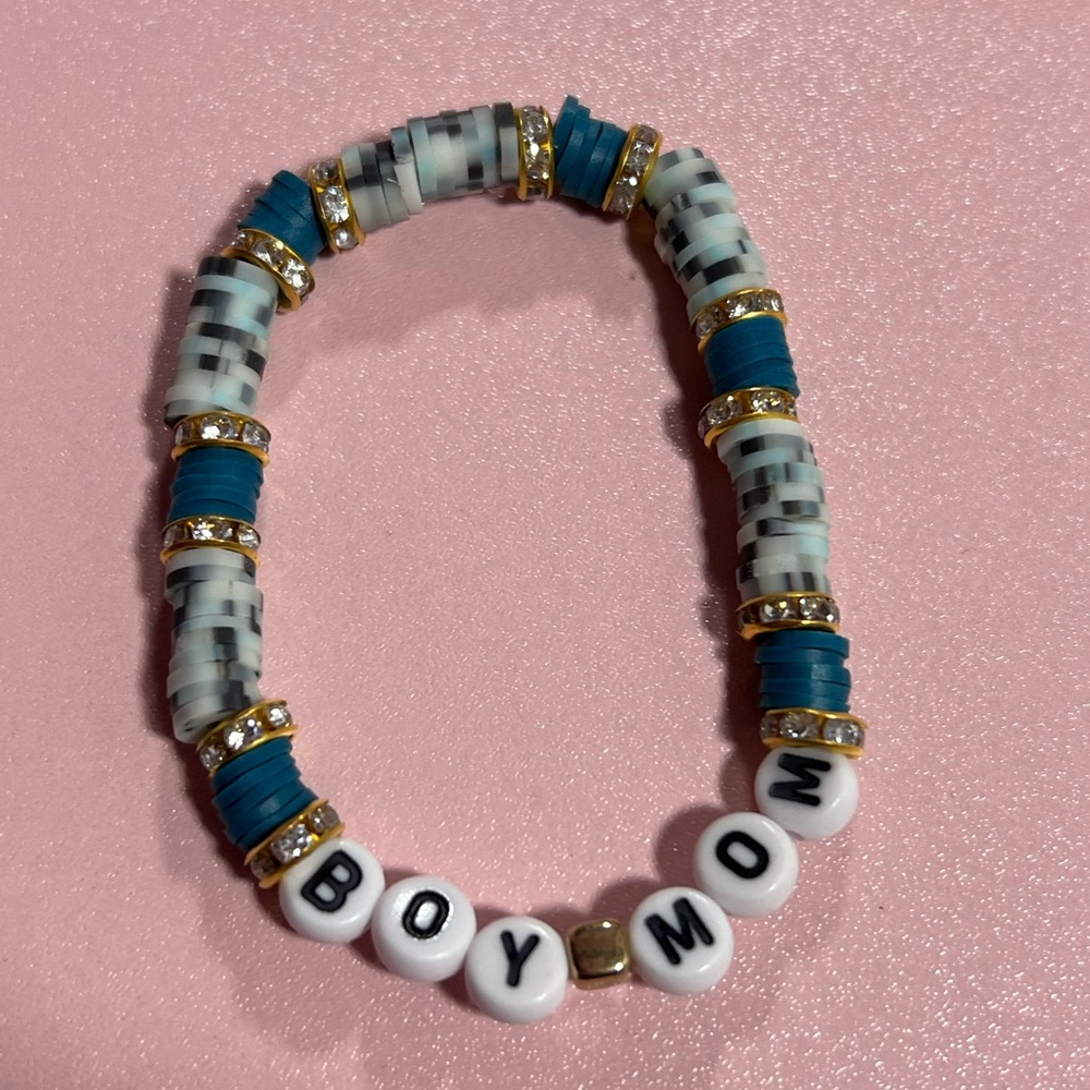 Blue and White Beaded Bracelet ‘Boy Mom’